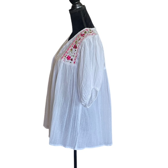 Bohemian shortsleeve white embroidered pheasant pullover festival top size large - Picture 6 of 13